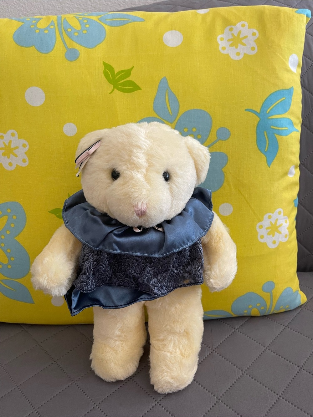 Plush Cream Bear with Blue Dress - Kids Accessory Used Good Condition
